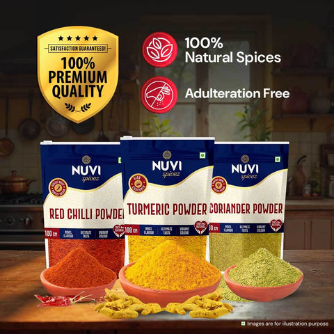 Nuvi Daily Essential Spices Combo featuring Red Chilli Powder, Turmeric Powder, and Coriander Powder. 100% natural and premium quality.