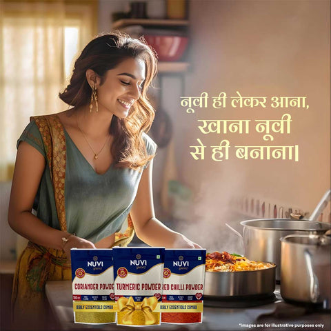 Woman cooking with Nuvi Spicez Daily Essential Spices Combo featuring Coriander, Turmeric, and Red Chilli Powder.