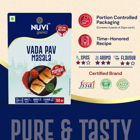 Best Vada Pav Masala by NUVI Spice, featuring portion-controlled packaging for authentic Mumbai taste.