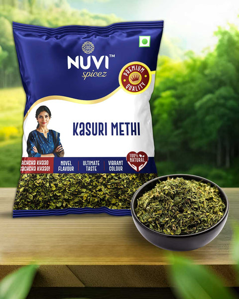 Nuvi Spicez Kasuri Methi package with dried fenugreek leaves in a bowl, showcasing premium quality and natural flavor.