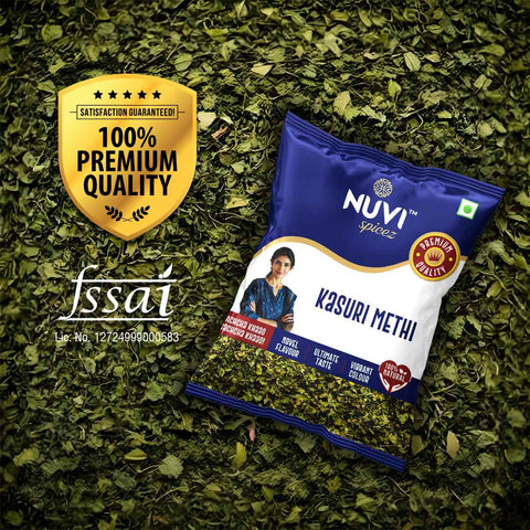 Nuvi Spicez Kasuri Methi pack on dried fenugreek leaves background, premium quality spice for cooking.