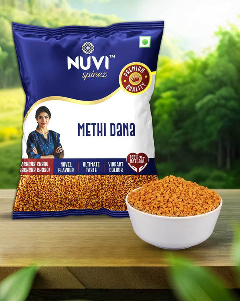 Premium Methi Dana fenugreek seeds in a pack, with a bowl of seeds showcasing rich color and natural quality.