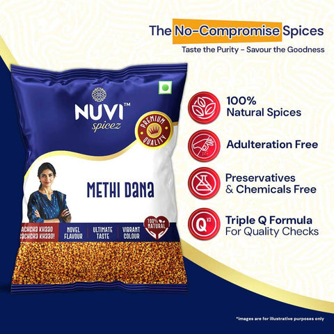 Nuvi Spicez Premium Methi Dana pack, showcasing 100% natural fenugreek seeds, adulteration free and quality checked.