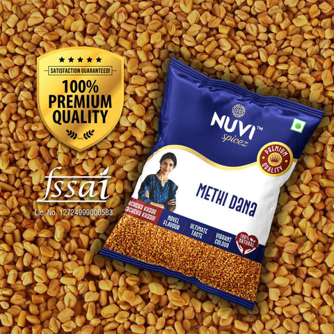 Nuvi Spicez Premium Methi Dana fenugreek seeds pack showcasing quality and freshness with a 100% guarantee badge.