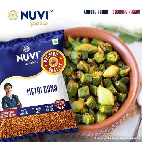 Nuvi Spicez Premium Methi Dana package with fresh cooked vegetables in a bowl, showcasing vibrant colors and natural ingredients.