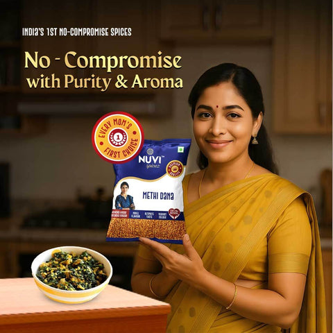 Woman in traditional attire showcasing Nuvi Spicez Methi Dana with a bowl of fenugreek dish, emphasizing quality and purity.