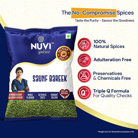 Nuvi Spicez Bareek Saunf fennel seeds packaging showcasing natural spices and purity.