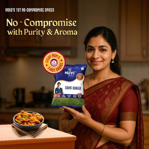 A woman in a traditional saree holds Nuvi Spicez Bareek Saunf pack, promoting purity and aroma in cooking.