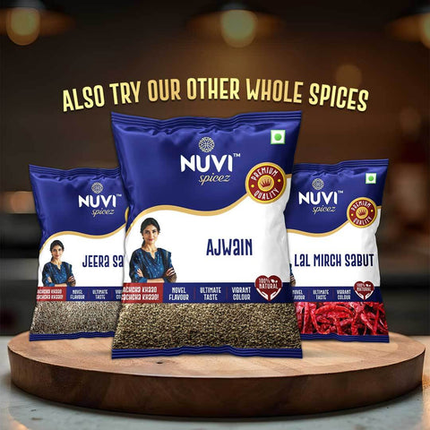 Image of Nuvi Spicez whole spices including Jeera Sabut, Ajwain, and Lal Mirch Sabut, showcasing vibrant packaging and quality.