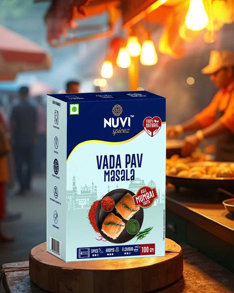 Best Vada Pav Masala by NUVI Spices, featuring a colorful box with authentic Mumbai Vada Pav ingredients.