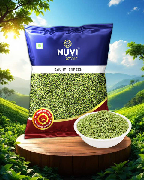 Bareek Saunf by Nuvi Spicez in a packet with a bowl of fennel seeds, perfect for flavoring dishes and digestive support.