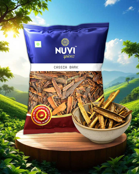 High-quality Cassia Bark package by NUVI Spicez with whole spice in a bowl, perfect for Indian cooking.