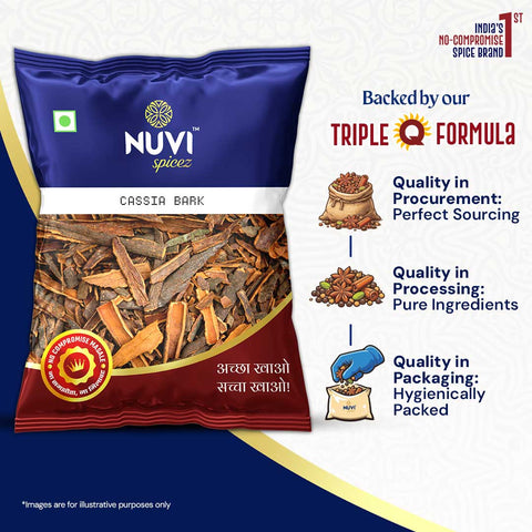 Cassia Bark pack showing high-quality cinnamon with NUVI Spicez's commitment to sourcing and hygiene.