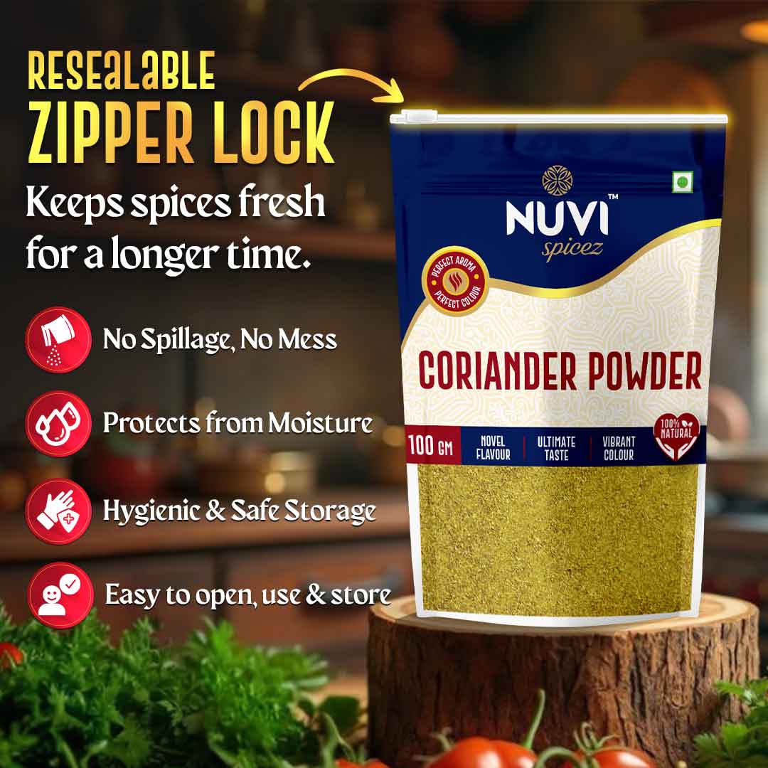 Coriander Powder in resealable packaging that keeps spices fresh, protecting from moisture and ensuring easy storage.