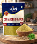 Coriander Powder package with fresh coriander seeds and leaves in a kitchen setting, highlighting pure dhania powder.