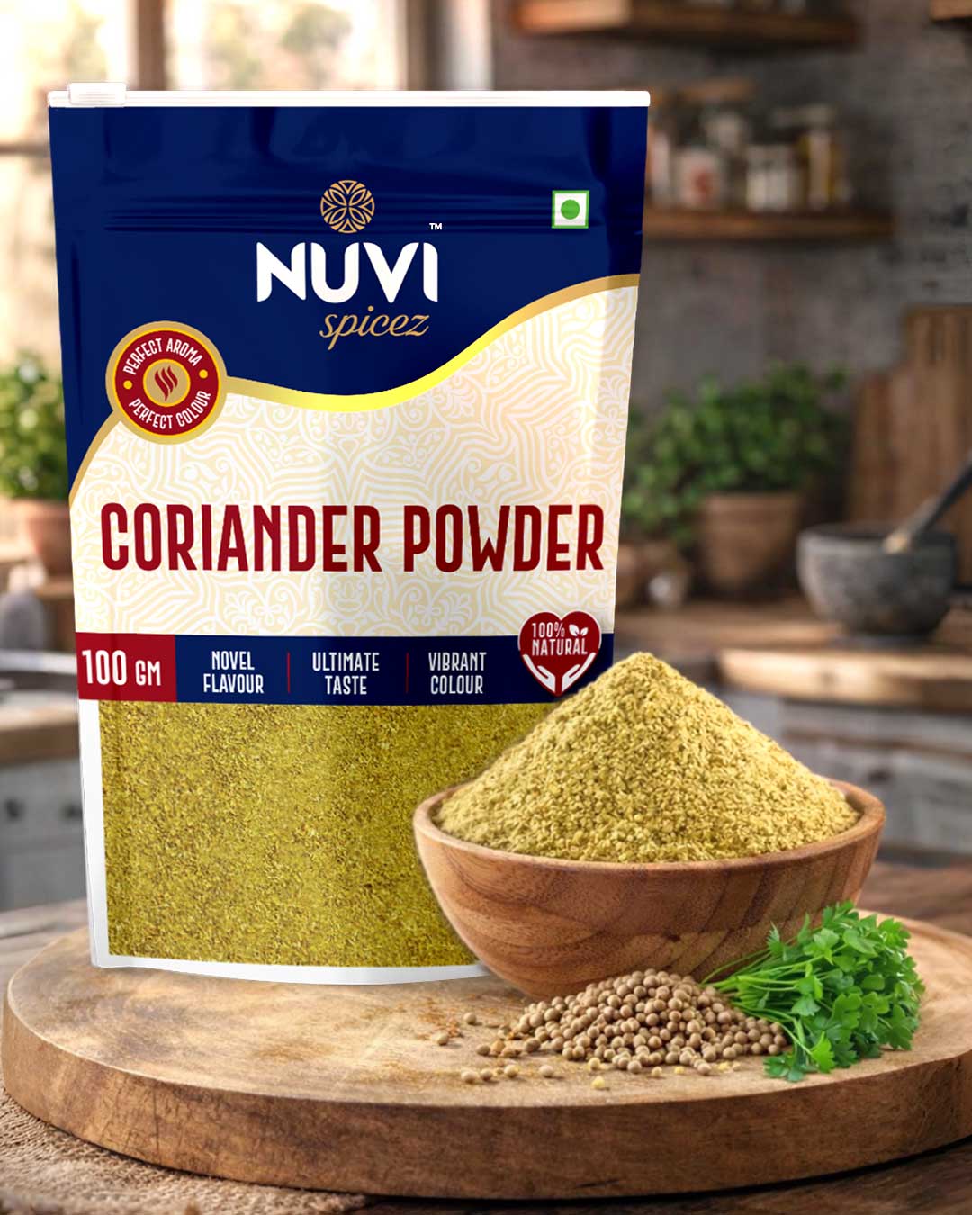 Coriander Powder package with fresh coriander seeds and leaves in a kitchen setting, highlighting pure dhania powder.