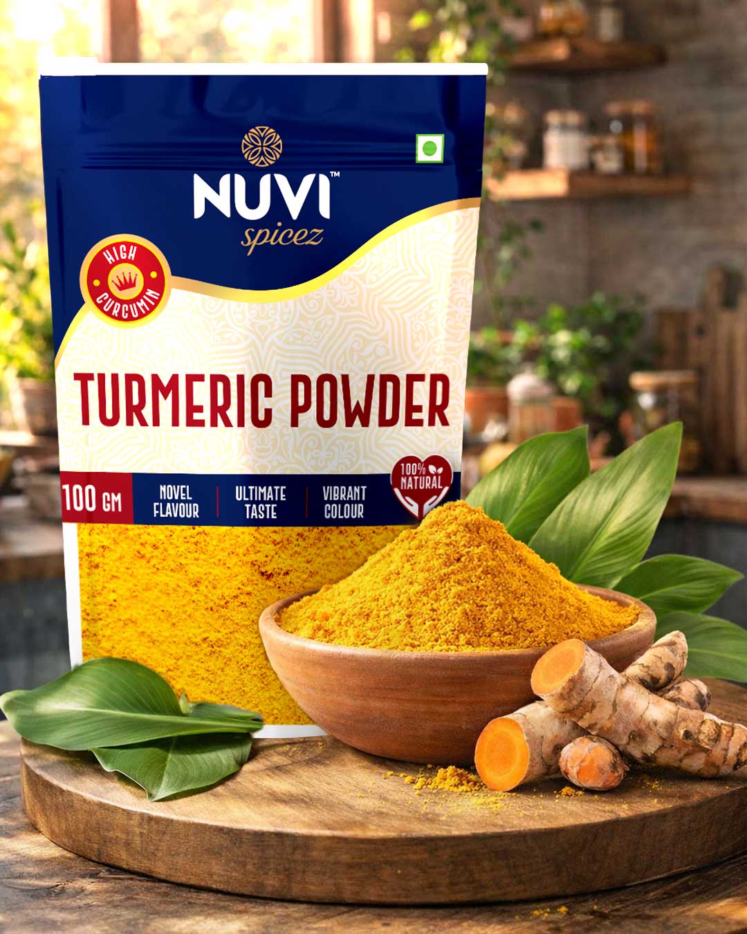 Turmeric Powder pack and bowl of pure Haldi Powder showcasing vibrant color and natural ingredients.