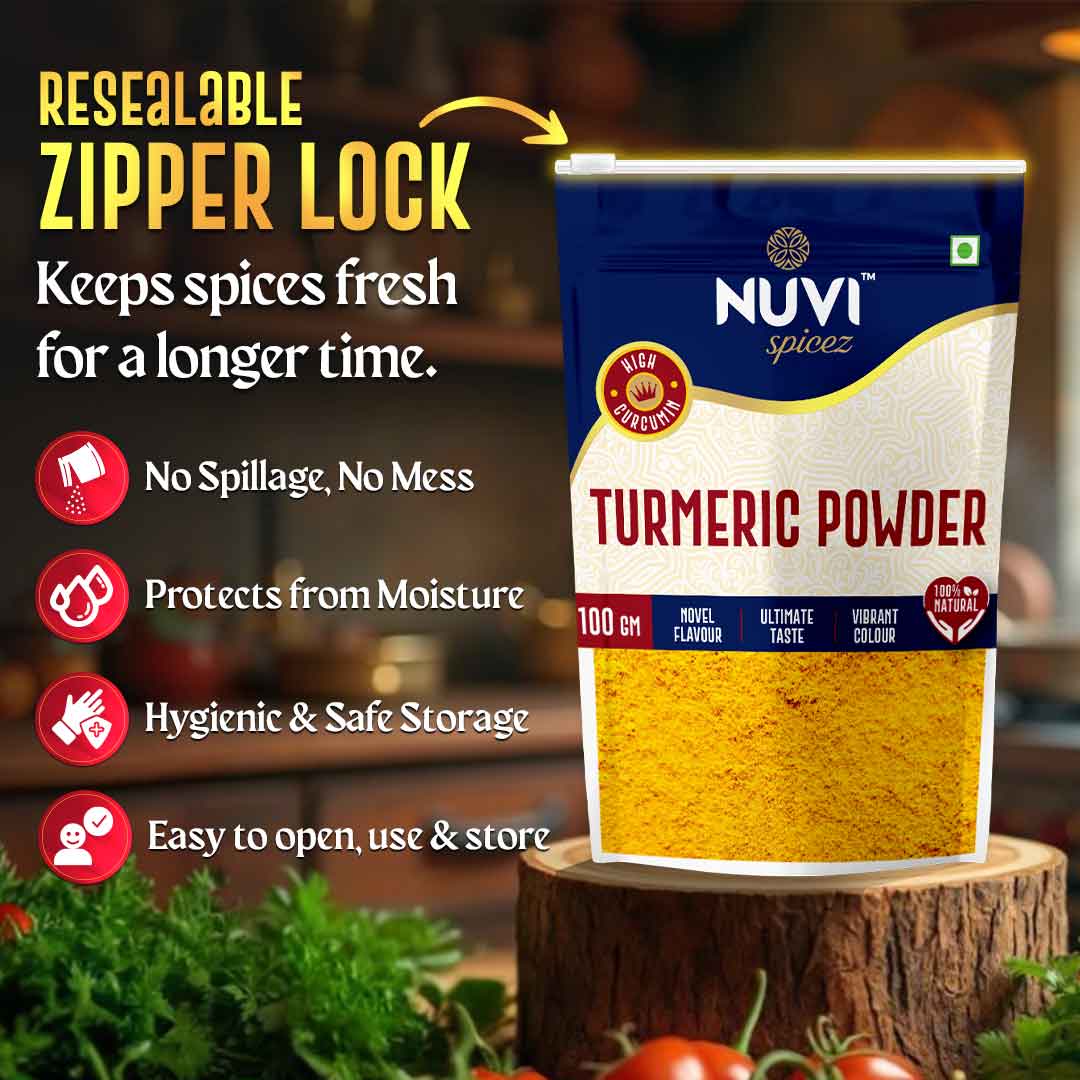 Resealable bag of Turmeric Powder with zipper lock, showcasing ease of storage and freshness.