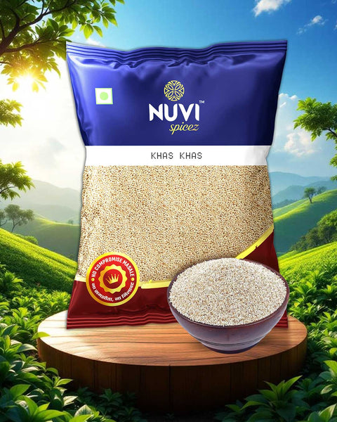 NUVI Spicez Khas Khas (poppy seeds) in a bag with a bowl of seeds, representing authentic Indian flavors.