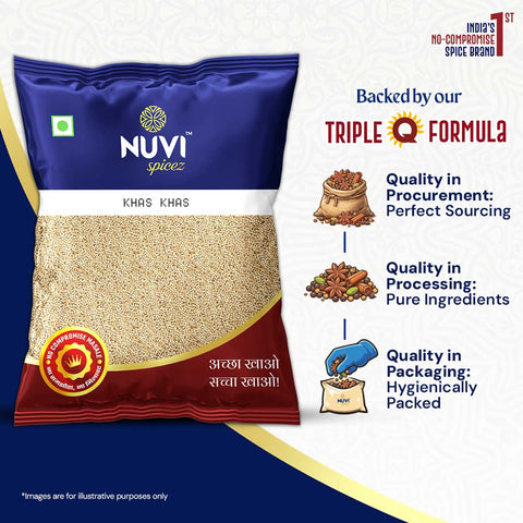 NUVI Spicez Khas Khas poppy seeds packaging highlighting quality in sourcing, processing, and hygienic packing.