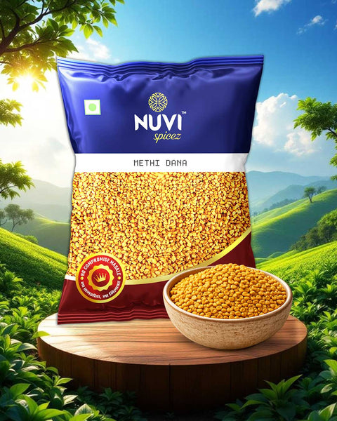 Nuví Methi Dana pack and bowl of fenugreek seeds in a scenic landscape, representing premium quality ingredients.