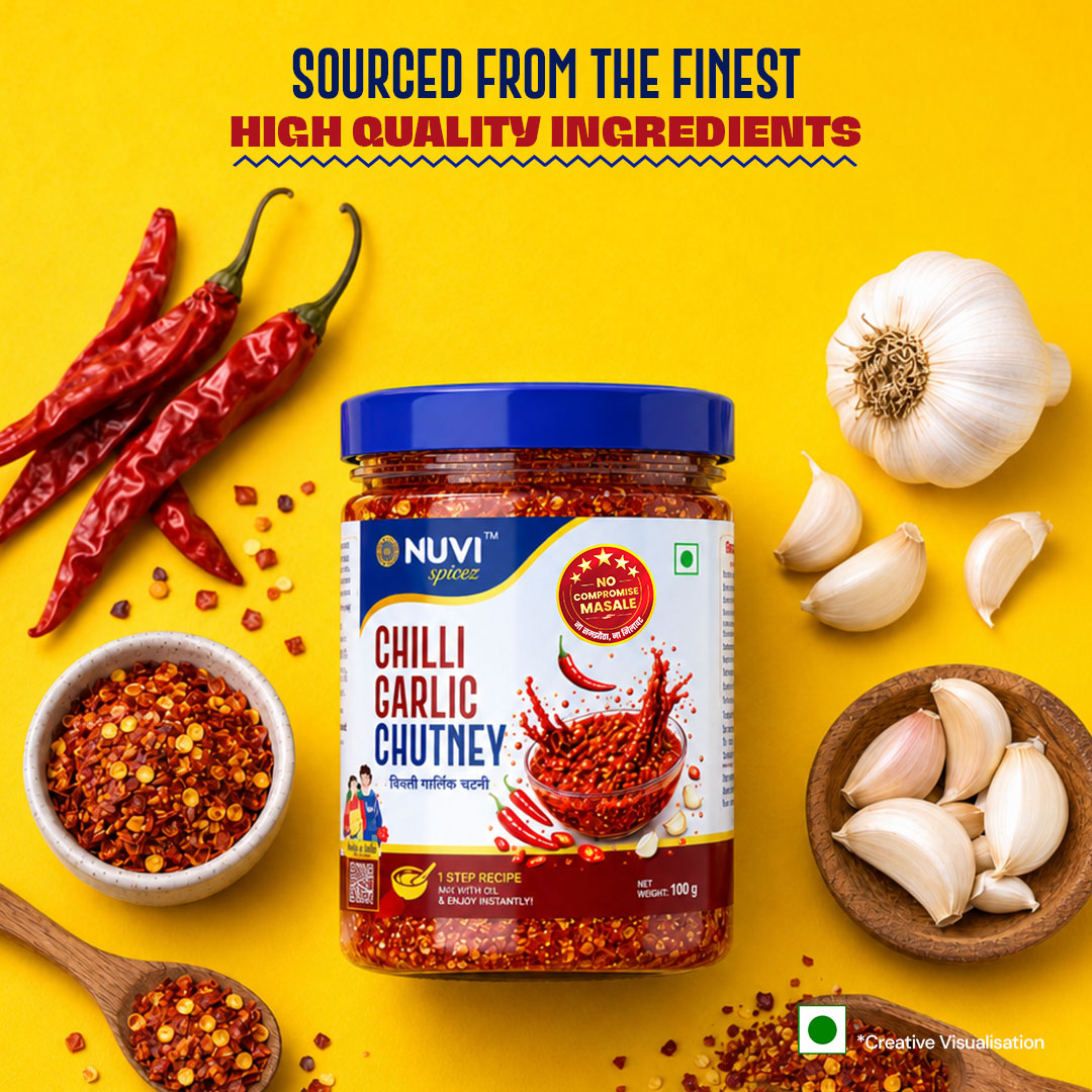 NUVI Chilli Garlic Chutney jar surrounded by fresh ingredients, showcasing Chilli Garlic Chutney Powder for bold flavors.
