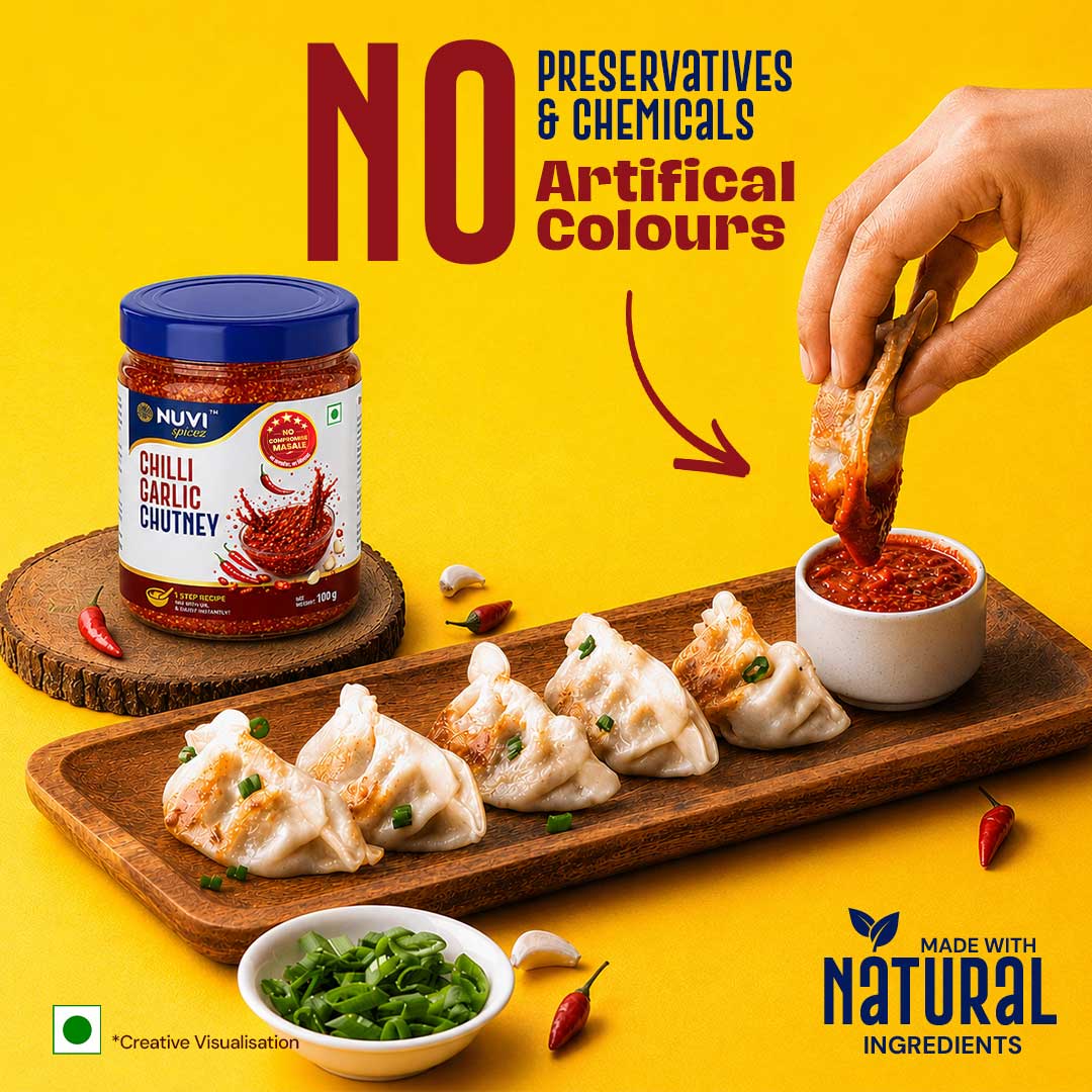 Chilli Garlic Chutney Powder served with dumplings and natural ingredients, highlighting no preservatives and artificial colors.
