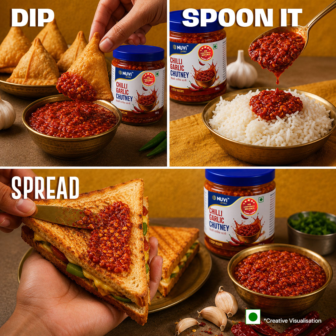 Chilli Garlic Chutney Powder used for dipping samosas, spooning over rice, and spreading on sandwiches.