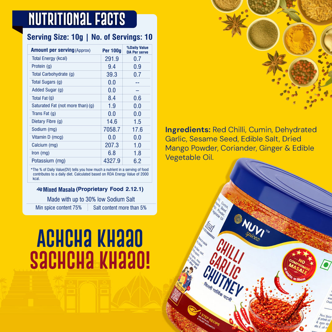 Nutritional facts and packaging of NUVI Chilli Garlic Chutney Powder showcasing ingredients and health information.