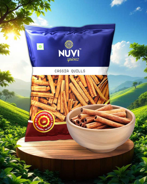 Cassia Cinnamon Sticks in a bag with a bowl, showcasing aromatic Cassia quills for enhancing dishes.