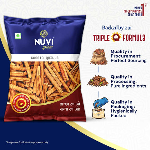 Cassia Cinnamon Sticks package showcasing quality sourcing, pure ingredients, and hygienic packaging.