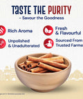 Cassia Cinnamon Sticks in a bowl with text highlighting rich aroma and freshness