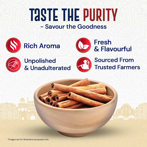 Cassia Cinnamon Sticks in a bowl with text highlighting rich aroma and freshness