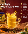 Haldi Doodh Mix with a glass of golden turmeric milk and spice ingredients, highlighting health benefits.