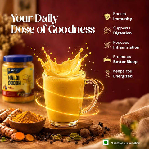 Haldi Doodh Mix with a glass of golden turmeric milk and spice ingredients, highlighting health benefits.