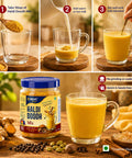 Haldi Doodh Mix preparation steps with ingredients for making turmeric milk, showcasing the product and its easy use.