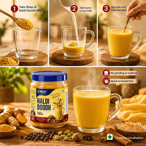 Haldi Doodh Mix preparation steps with ingredients for making turmeric milk, showcasing the product and its easy use.