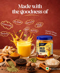 Haldi Doodh Mix displayed with spices and a glass of golden turmeric milk, showcasing its nourishing ingredients.