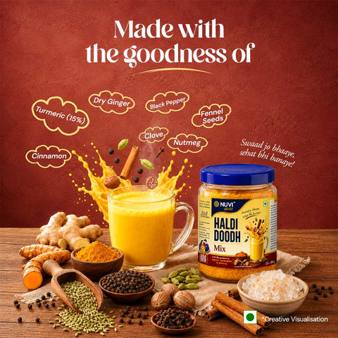 Haldi Doodh Mix displayed with spices and a glass of golden turmeric milk, showcasing its nourishing ingredients.
