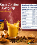 Delicious Haldi Doodh Mix with nutritional information and creamy turmeric milk in a cozy setting.