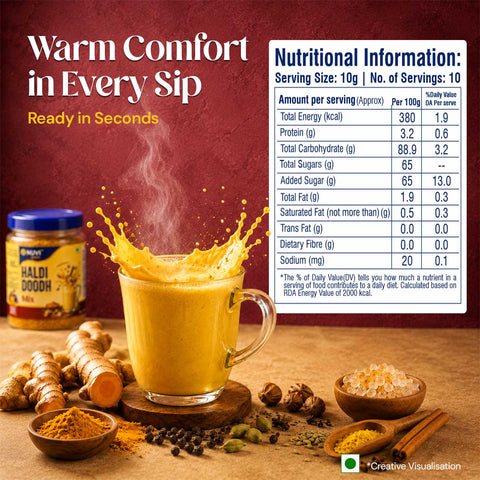 Delicious Haldi Doodh Mix with nutritional information and creamy turmeric milk in a cozy setting.