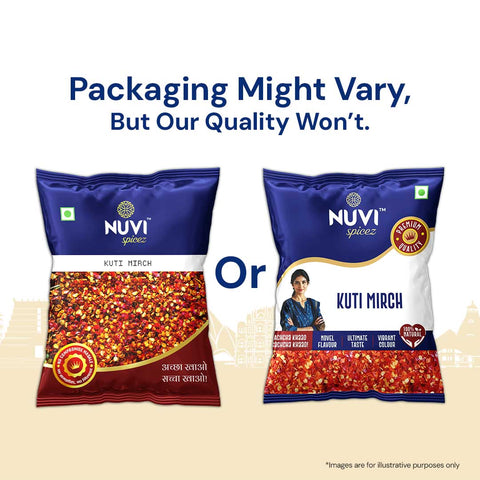 Kuti Mirch packaging showcasing two styles of crushed red chilli bags by Nuvi Spice.