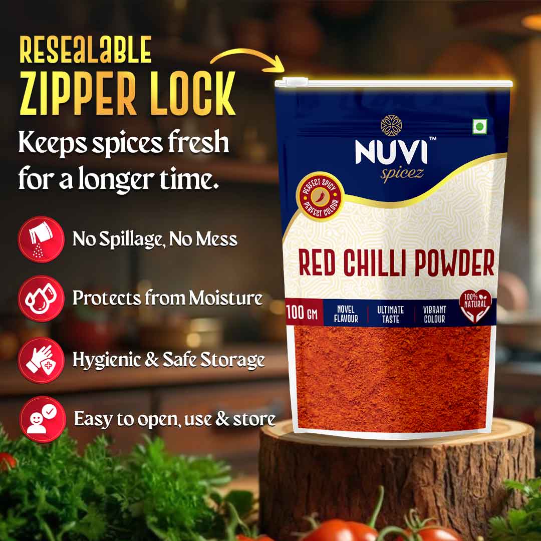 Packaging of Red Chilli Powder with resealable zipper lock for freshness and easy storage.
