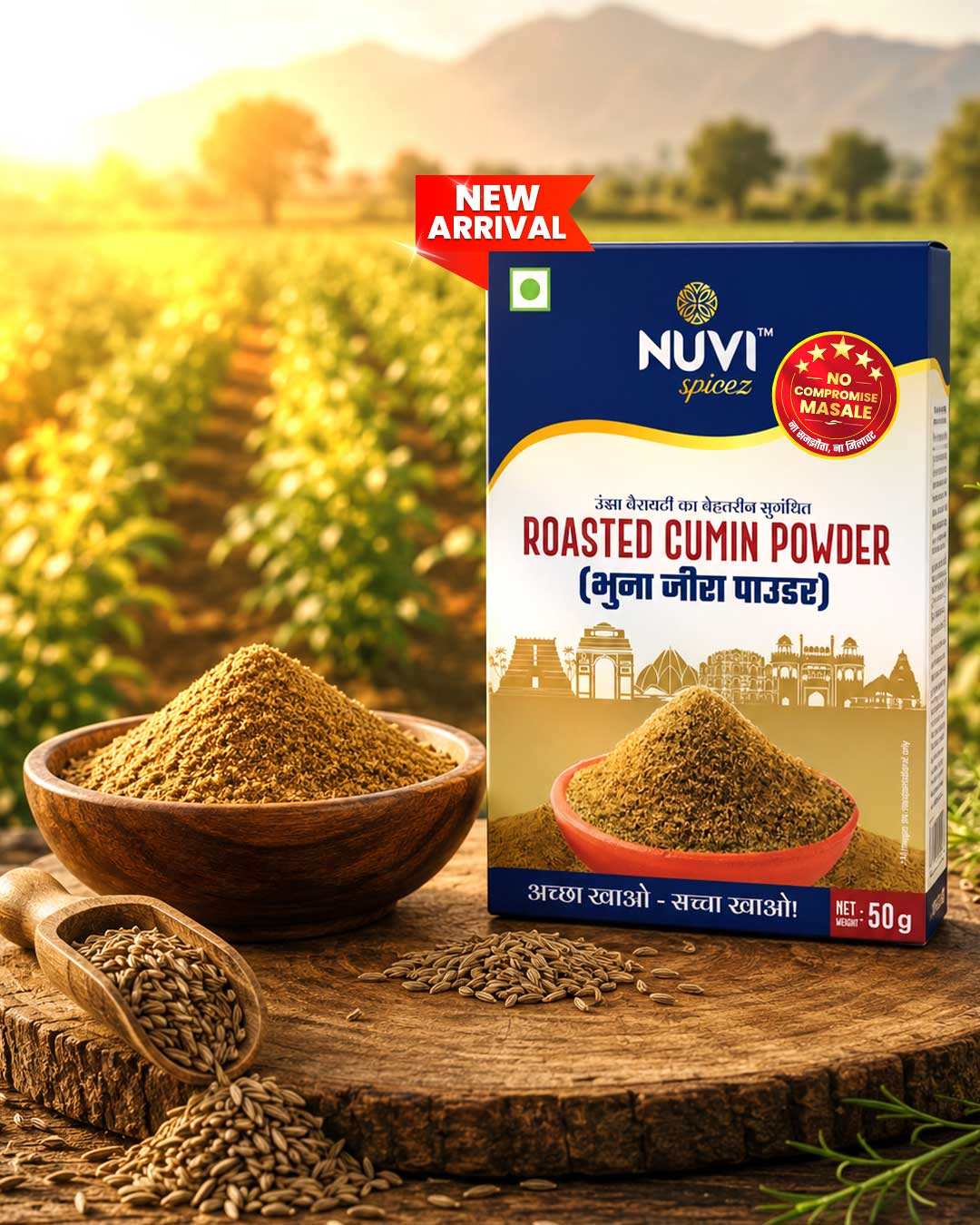 Roasted Cumin Powder packaging with spice bowl on wooden table in a field backdrop