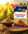 Roasted Cumin Powder packaging with spice bowl on wooden table in a field backdrop