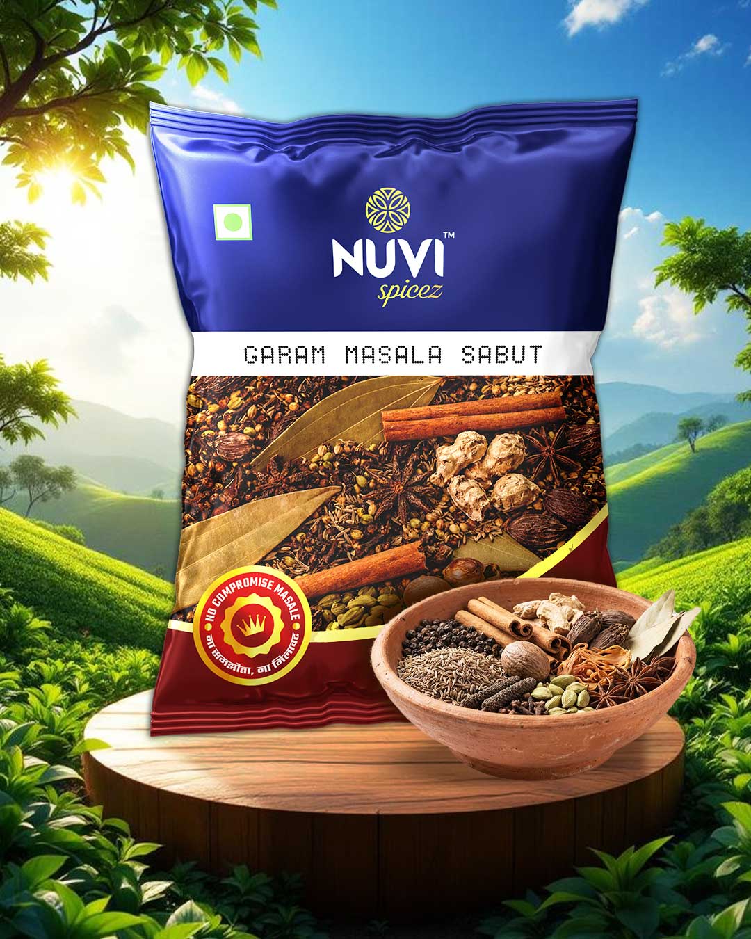 Sabut Garam Masala pack featuring a blend of whole spices in a scenic background.