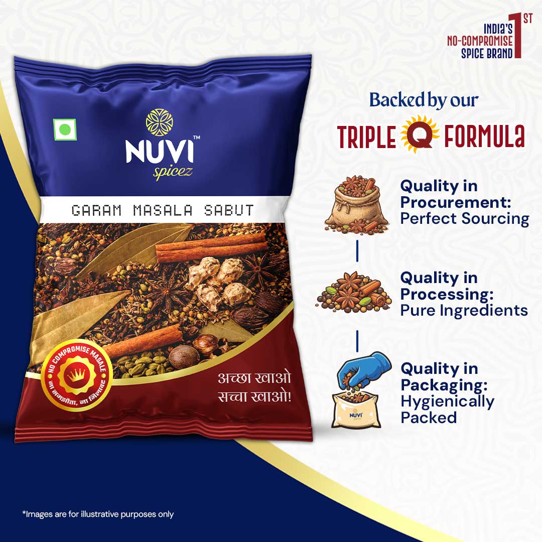Sabut Garam Masala package showcasing premium whole spices and quality assurance for rich flavor.