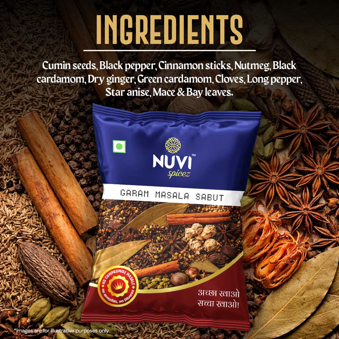 Sabut Garam Masala packaging featuring whole spices like cinnamon, cardamom, and cloves for authentic Indian flavor.