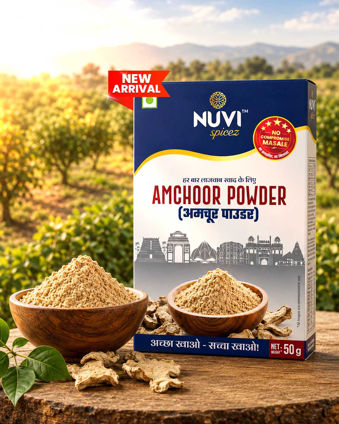 Amchoor Powder packaging with dried mango powder in bowls, promoting authentic Indian flavor.