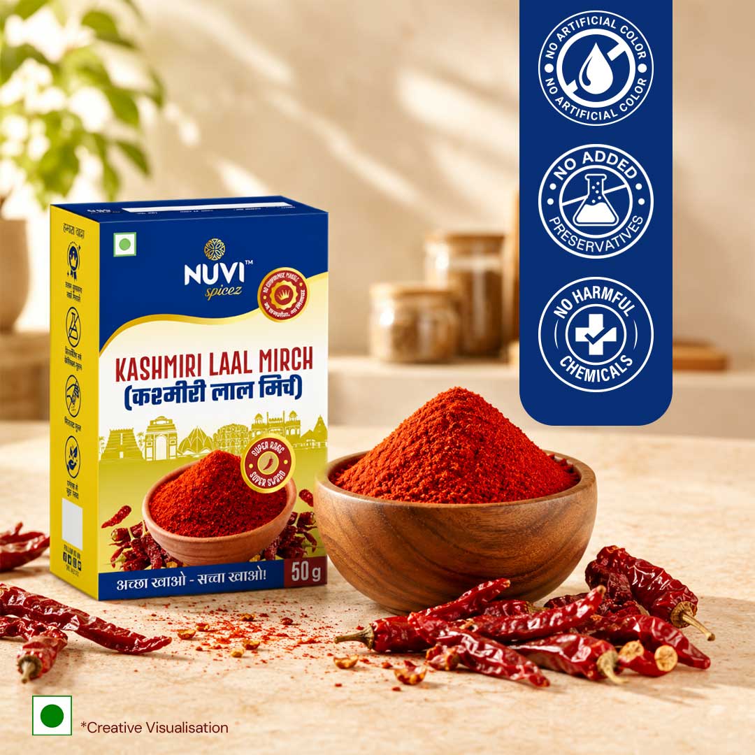 Kashmiri Red Chilli Powder in a bowl with packet, highlighting natural ingredients and no artificial additives.